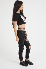 Black Lace Up Graphic Print Crop Top - Martha-Crop Tops