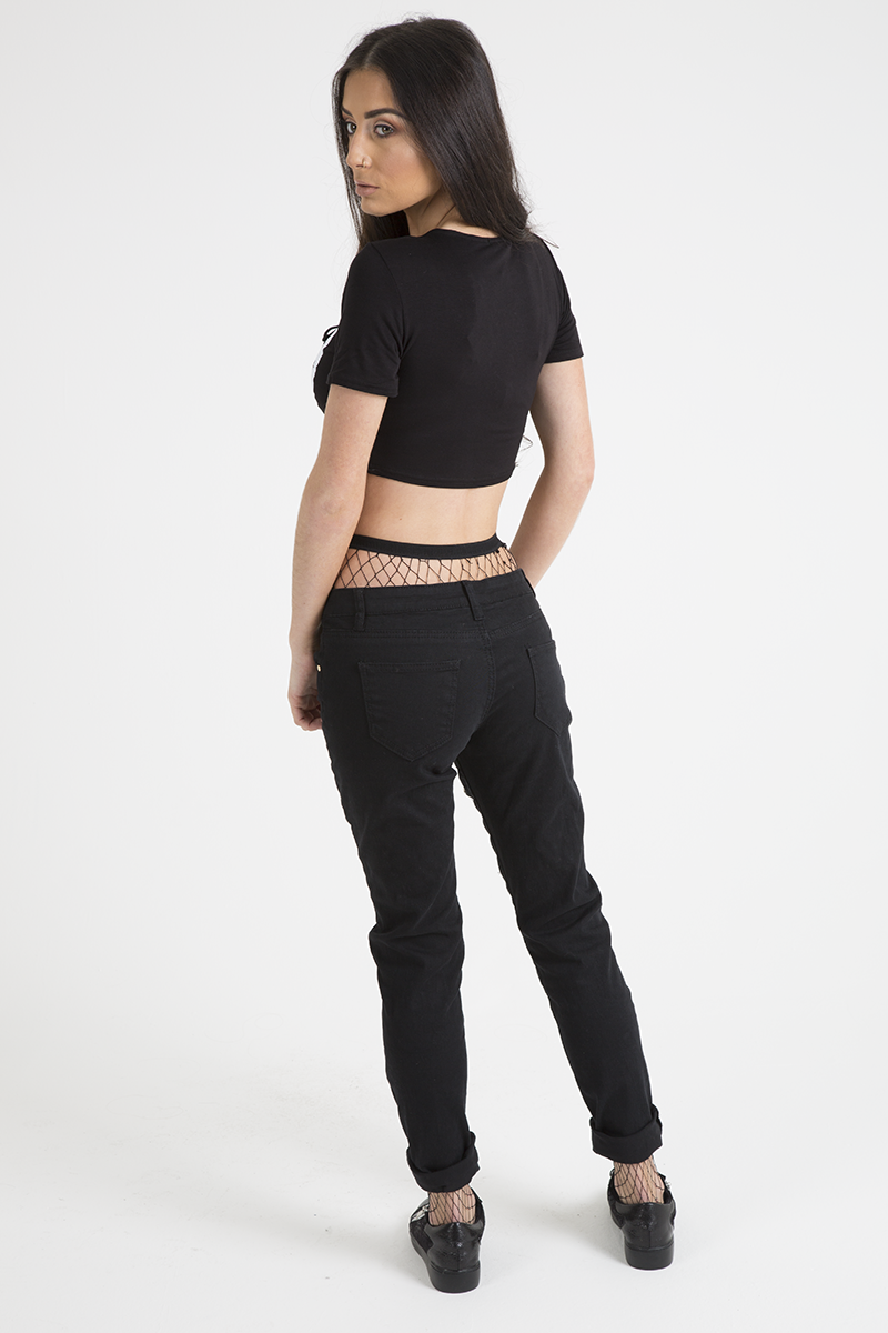 Black Lace Up Graphic Print Crop Top - Martha-Crop Tops