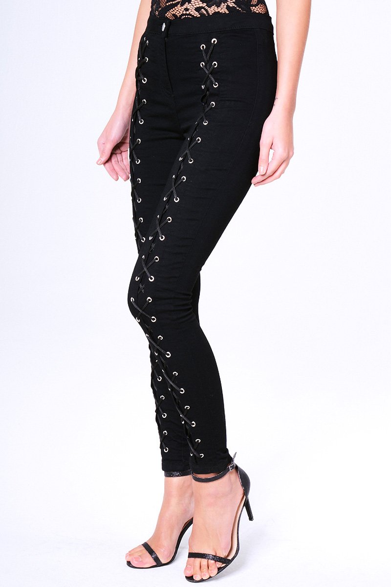 Black Lace Up High Waisted Skinny Jeans - Aariya-Jeans