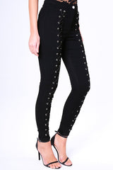Black Lace Up High Waisted Skinny Jeans - Aariya-Jeans