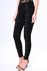 Black Lace Up High Waisted Skinny Jeans - Aariya-Jeans