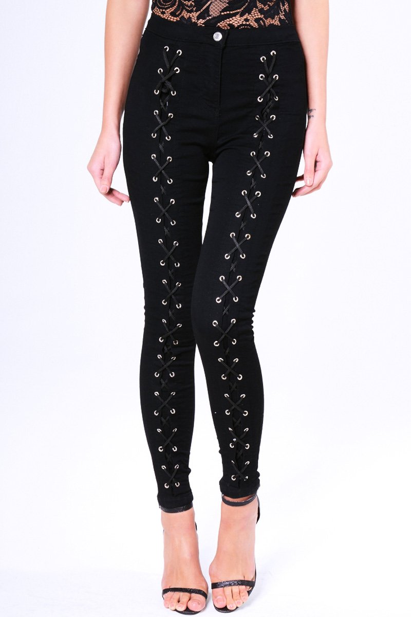 Black Lace Up High Waisted Skinny Jeans - Aariya-Jeans