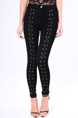 Black Lace Up High Waisted Skinny Jeans - Aariya-Jeans