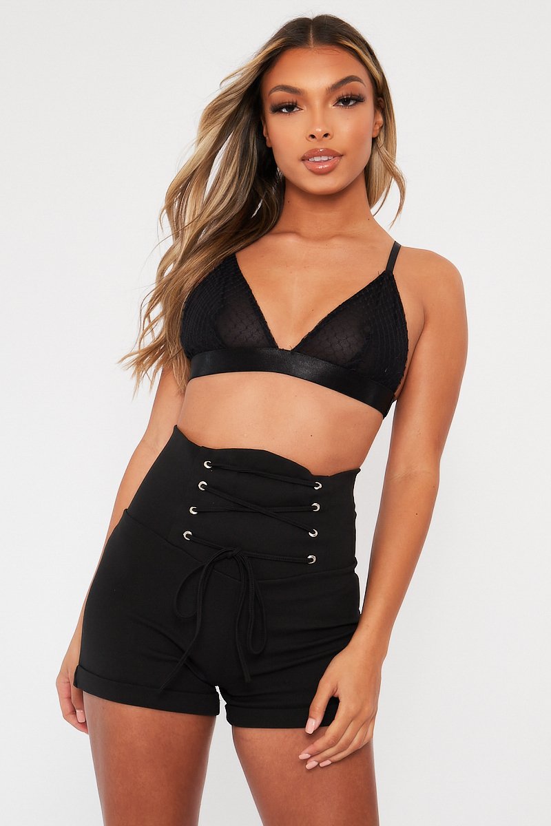 Black Lace Up High Waisted Tailored Shorts - Darcia-Shorts
