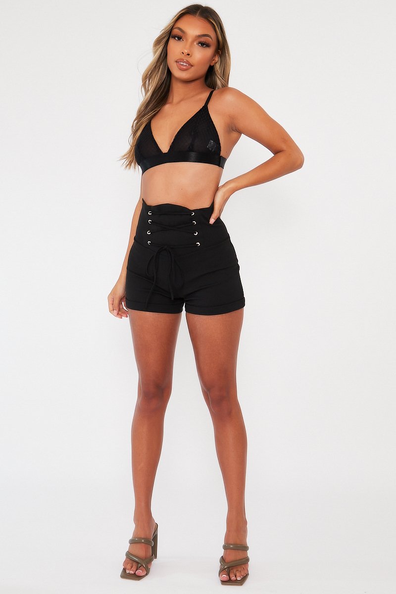 Black Lace Up High Waisted Tailored Shorts - Darcia-Shorts