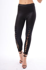 Black Lace Up PU Leggings - Shania-Leggings