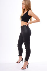 Black Lace Up PU Leggings - Shania-Leggings