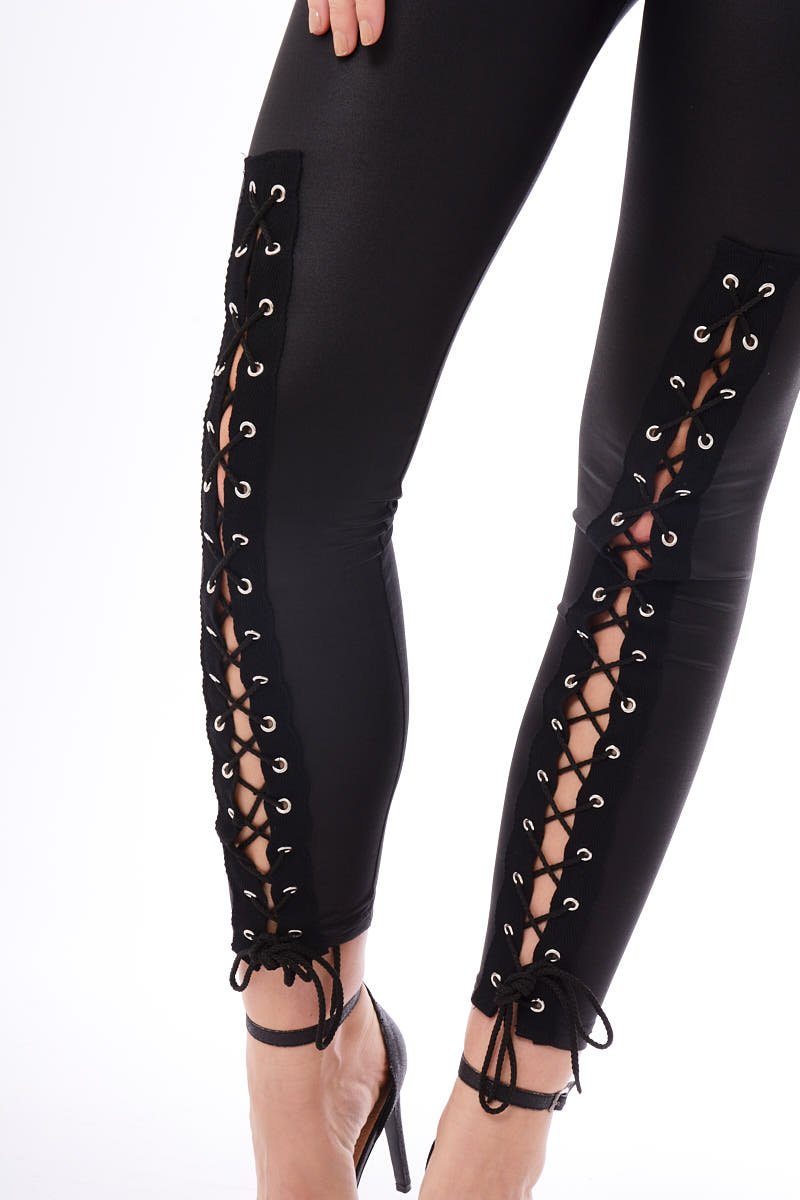 Black Lace Up PU Leggings - Shania-Leggings