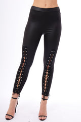 Black Lace Up PU Leggings - Shania-Leggings