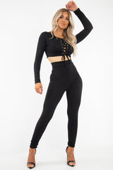 Black Lace Up Rib Crop Top Trousers Loungewear Set - Jesi-Loungewear