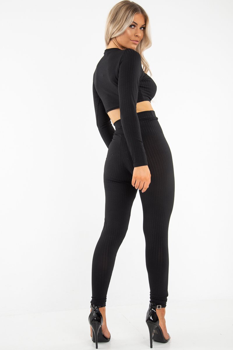 Black Lace Up Rib Crop Top Trousers Loungewear Set - Jesi-Loungewear