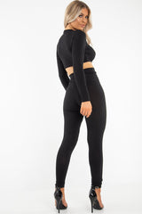 Black Lace Up Rib Crop Top Trousers Loungewear Set - Jesi-Loungewear