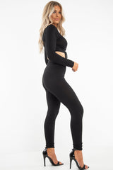 Black Lace Up Rib Crop Top Trousers Loungewear Set - Jesi-Loungewear