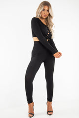 Black Lace Up Rib Crop Top Trousers Loungewear Set - Jesi-Loungewear