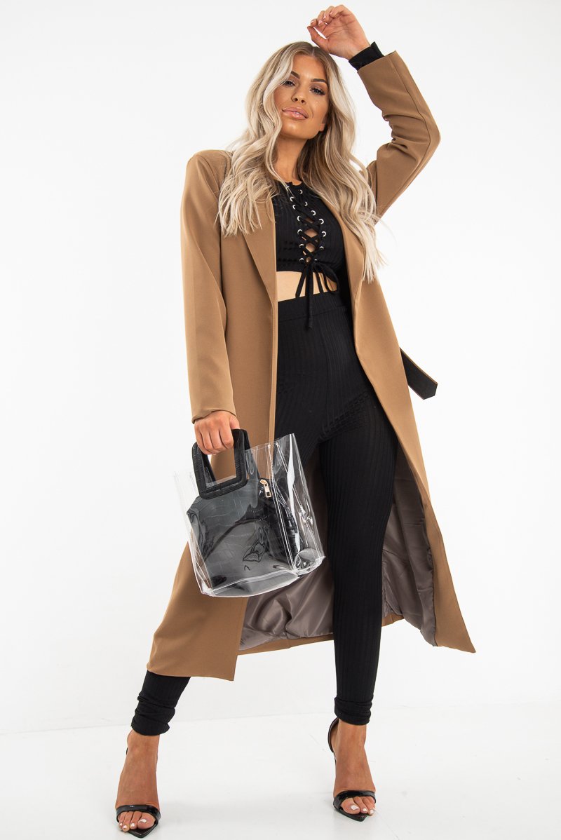 Black Lace Up Rib Crop Top Trousers Loungewear Set - Jesi-Loungewear