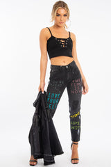 Black Lace Up Ribbed Crop top - Prisha-Crop Tops