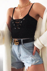 Black Lace Up Ribbed Crop top - Prisha-Crop Tops