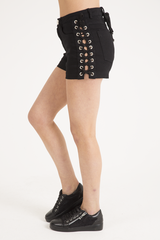 Black Lace Up Sides Denim Shorts - Ria-Shorts