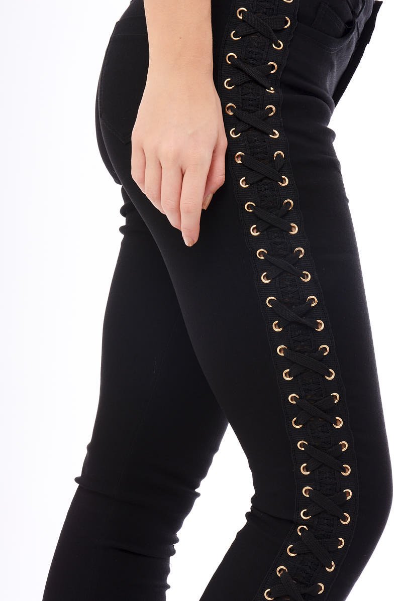 Black Lace Up Sides Skinny Denim Jeans - Mallie-Jeans