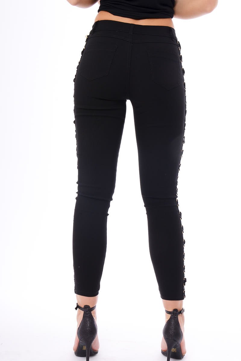 Black Lace Up Sides Skinny Denim Jeans - Mallie-Jeans