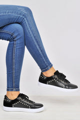 Black Lace Up Studded Trainers - Danaly-Trainers