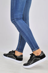 Black Lace Up Studded Trainers - Danaly-Trainers