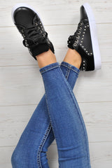 Black Lace Up Studded Trainers - Danaly-Trainers