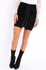 Black Lace Up Suedette Mini Skirt - Lotty-Skirts