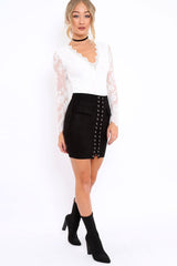 Black Lace Up Suedette Mini Skirt - Lotty-Skirts