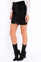 Black Lace Up Suedette Mini Skirt - Lotty-Skirts