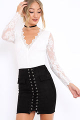 Black Lace Up Suedette Mini Skirt - Lotty-Skirts