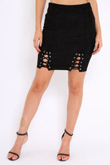 Black Lace Up Suedette Skirt - Jenna-Skirts