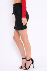 Black Lace Up Suedette Skirt with Pockets - Patra-Skirts