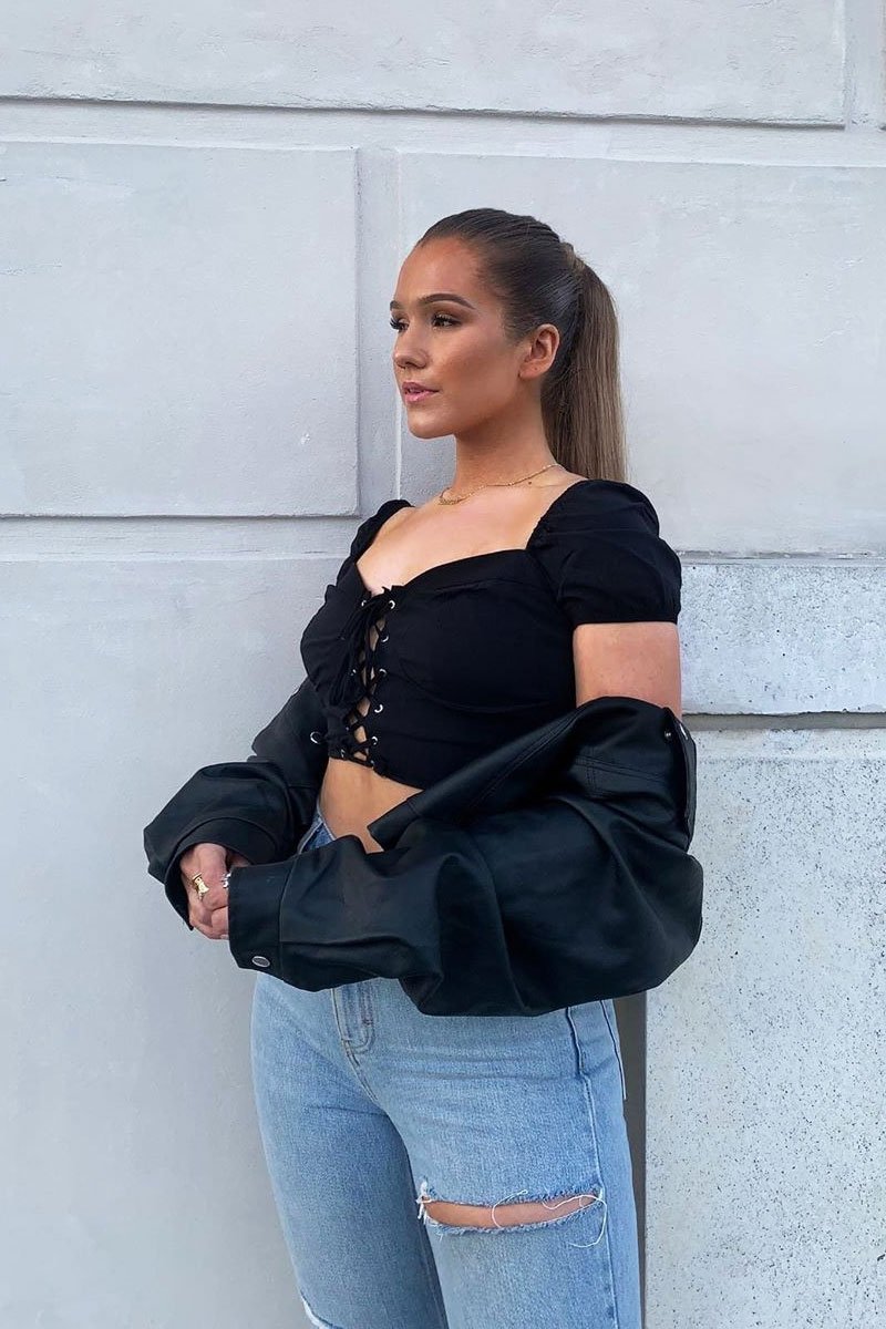 Black Lace Up Sweetheart Puff Sleeve Crop Top - Kandis-Crop Tops