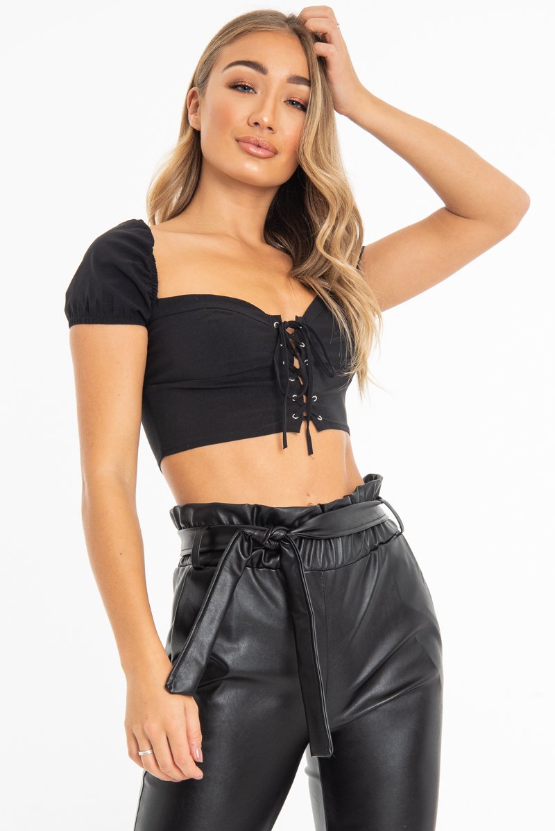Black Lace Up Sweetheart Puff Sleeve Crop Top - Kandis-Crop Tops
