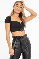 Black Lace Up Sweetheart Puff Sleeve Crop Top - Kandis-Crop Tops