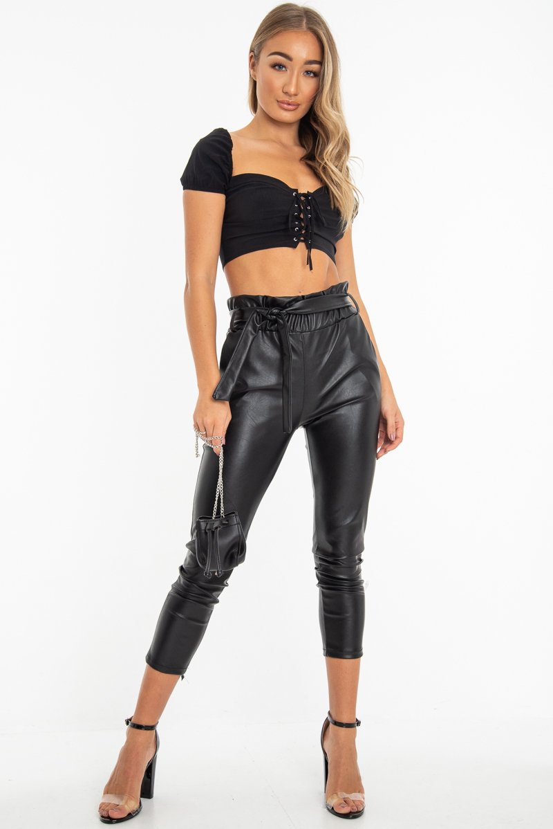Black Lace Up Sweetheart Puff Sleeve Crop Top - Kandis-Crop Tops