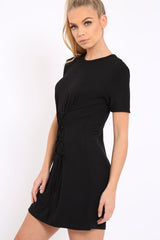 Black Lace Up T-shirt Dress - Tonia-Shirts