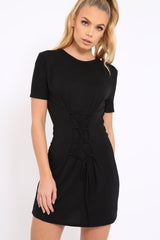 Black Lace Up T-shirt Dress - Tonia-Shirts