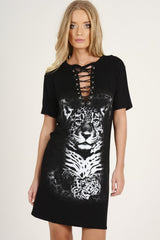 Black Lace Up Tiger T-shirt Dress - Mali-Dresses