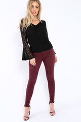 Black Lace V Neck Top - Honey-Tops