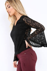 Black Lace V Neck Top - Honey-Tops