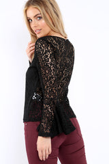 Black Lace V Neck Top - Honey-Tops