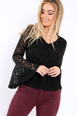 Black Lace V Neck Top - Honey-Tops