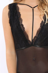 Black Lace and Sheer Harness Bodysuit - Ruby-Bodysuits