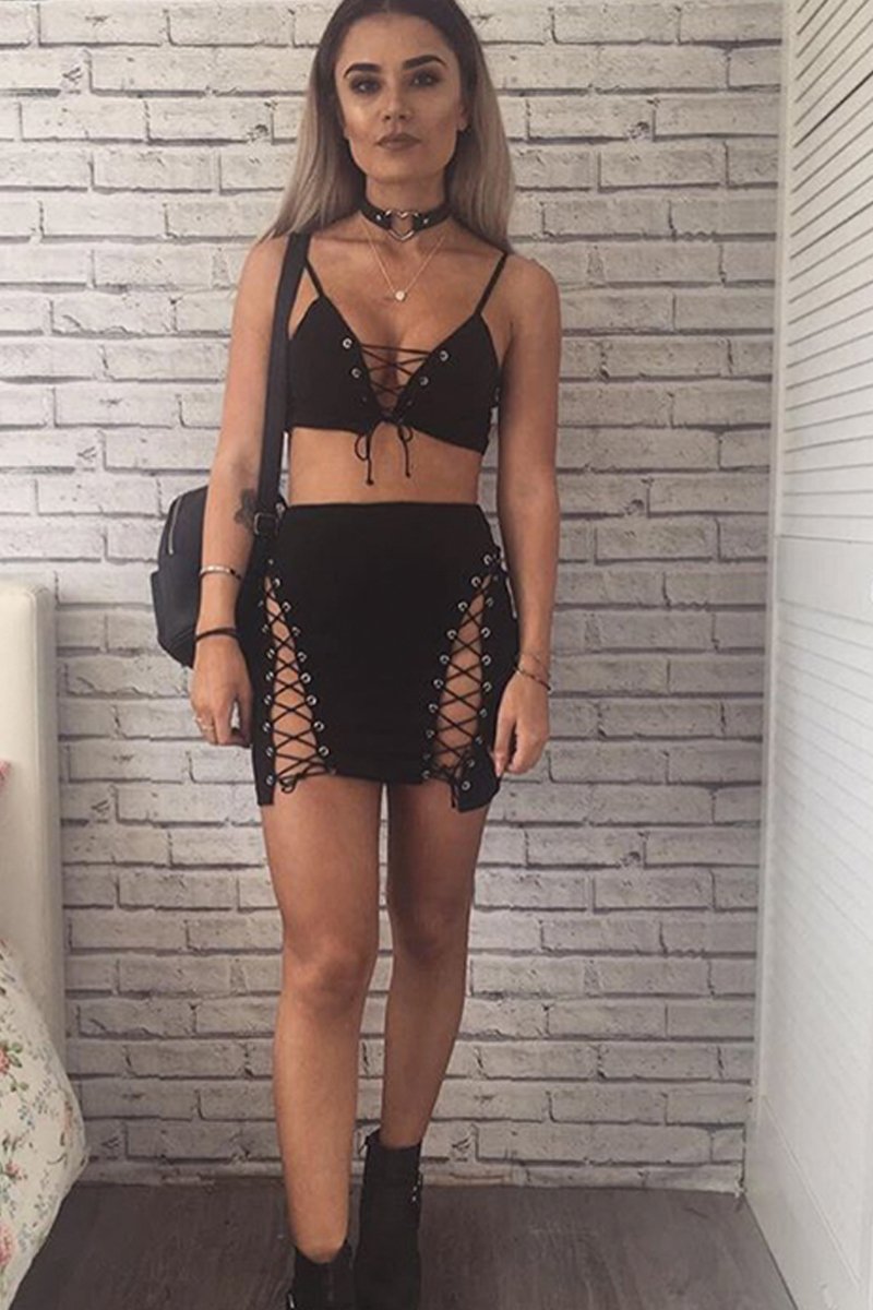Black Lace up Front Co-ord Set - Presley-Co-ords