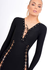 Black Lace up Front Panel Mini Dress - Kathy-Dresses