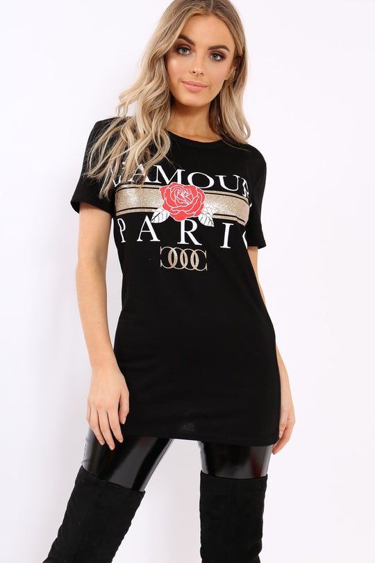 Black L'amour Paris Rose Slogan T-shirt - Marissa