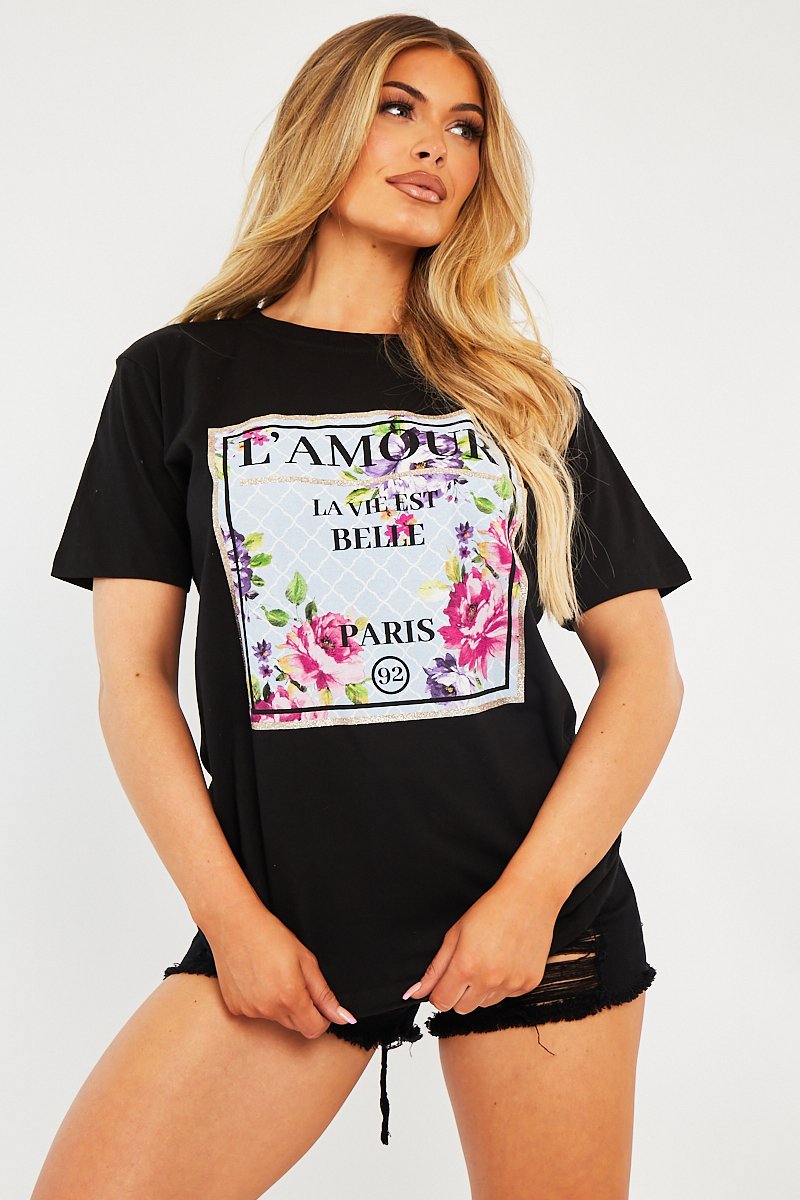 Black L'amour Slogan Graphic T-shirt - Leighna-T-shirt