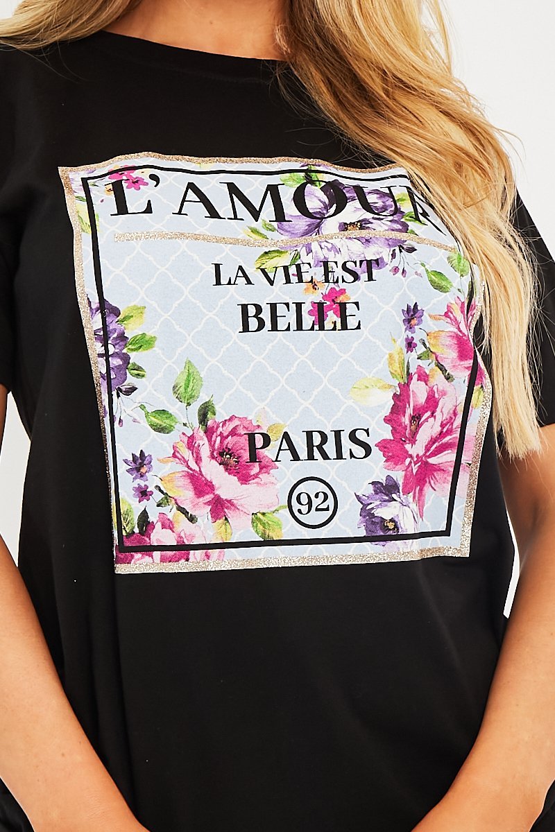 Black L'amour Slogan Graphic T-shirt - Leighna-T-shirt